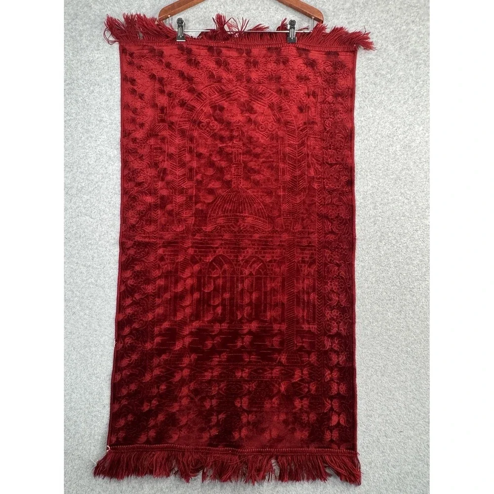 Turkish Islamic Prayer Rug Red Velvet Mosque Motif Fringe Wall Art